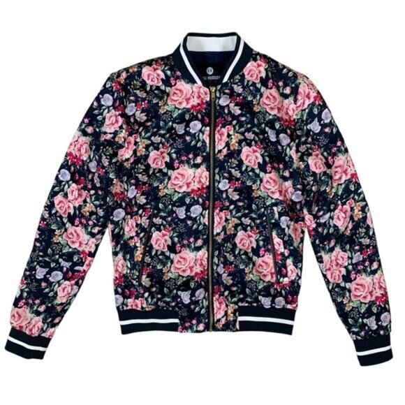Beau Hudson Floral Bomber Jacket XS Navy Pink Rose Print Zip Up Ribbed Trim - Picture 1 of 4